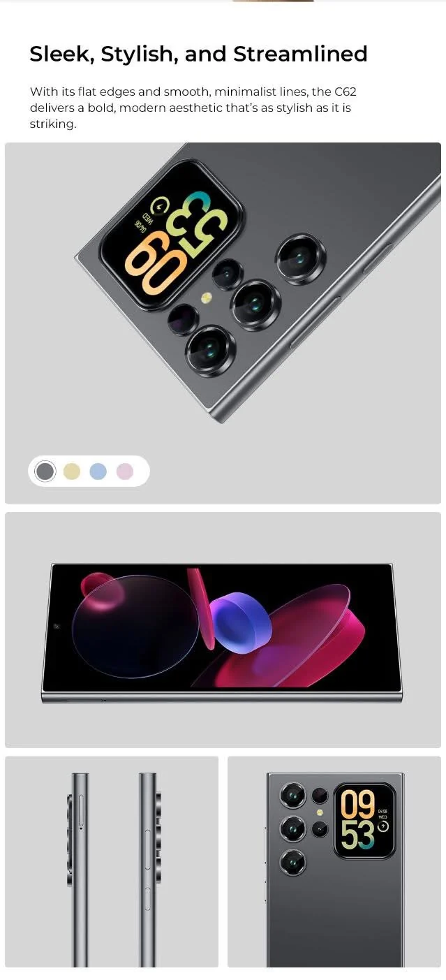 صورة رسمية من OUKITEL لتصميم الهاتف C62 بحواف مستقيمة، من الخلف والأمام والجوانب